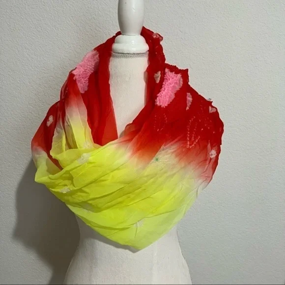 Vintage Rare One of a Kind Sheer Tie Dye Smocked Scarf Wrap Shawl Red Yellow